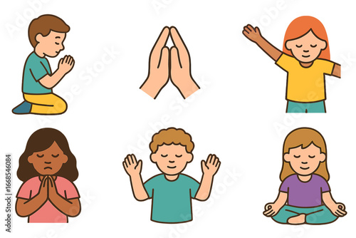 Children's Prayer Icons. Flat vector mini-illustrations psalm prayer activities in colors children's illustrations: kneeling