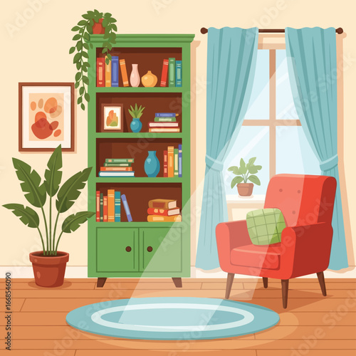 Vector illustration of cozy living room with bookshelf, armchair, and window