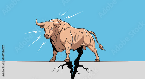 Powerful bull symbol of market strength breaking through the ground with energy and force