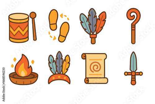 Children's Ritual Illustrations. Flat vector mini-illustrations traditional rituals in colors children's illustrations: drum,
