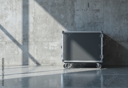 Foam-lined equipment cart parked against a concrete wall
