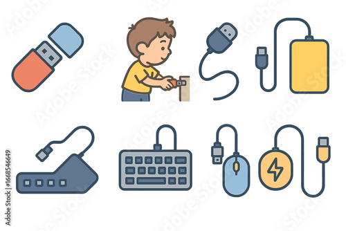Children's USB Devices. Flat vector mini-illustrations USB in colors children's illustrations: USB flash drive, child plugging USB