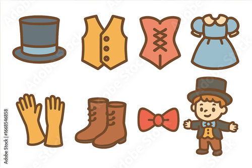 Classic Clothing Icons. Flat vector mini-illustrations classic clothing in colors children's illustrations: top hat, waistcoat,