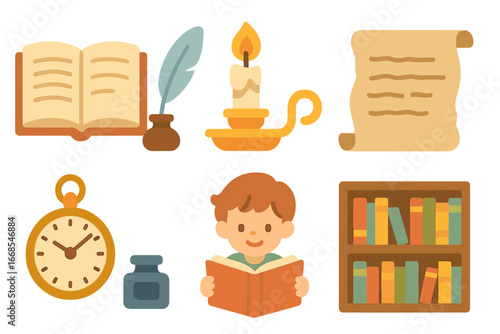 Classic Literature Icons. Flat vector mini-illustrations classic literature in colors children's illustrations: open book, quill