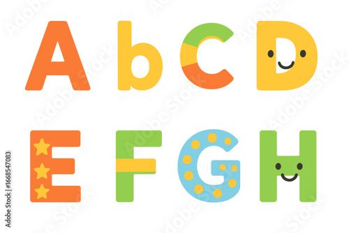 Colorful Alphabet Grid. Flat vector mini-illustrations letters of the alphabet in colors children's illustrations: uppercase A,
