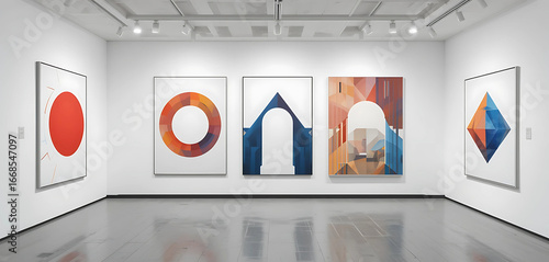  A modern art gallery with white wall, five geometric poster mockups (circle, hexagon, triangle, arch, diamond) arranged as a bold cluster. © Hanuman