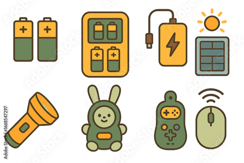 Colorful Battery Illustrations. Flat vector mini-illustrations rechargeable alkaline batteries in colors children's illustrations: