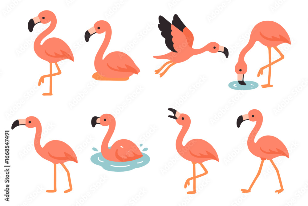 Obraz premium Colorful Birds and Habitats. Flat vector mini-illustrations flamingo poses in colors children's illustrations: standing, sitting,