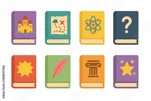 Colorful Book Icons. Flat vector mini-illustrations reading genres in colors children's illustrations: fairy tale book, adventure