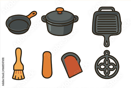 Colorful Cast Iron Set. Flat vector mini-illustrations cast iron cookware set in colors children's illustrations: iron skillet,