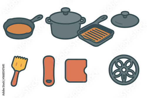 Colorful Cast Iron Set. Flat vector mini-illustrations cast iron cookware set in colors children's illustrations: iron skillet,