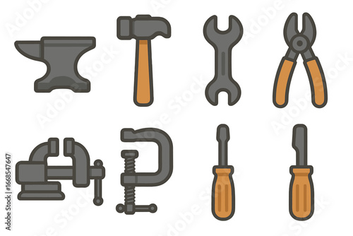 Colorful Cast Iron Tools. Flat vector mini-illustrations cast iron tools in colors children's illustrations: cast iron anvil, cast