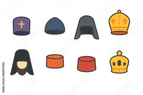 Colorful Children's Headwear Grid. Flat vector mini-illustrations sports hats in colors children's illustrations: baseball cap,