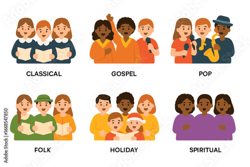 Colorful Choir Icons. Flat vector mini-illustrations choir music genres in colors children's illustrations: classical, gospel, pop