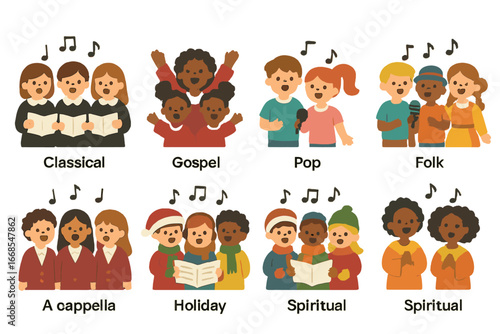 Colorful Choir Icons. Flat vector mini-illustrations choir music genres in colors children's illustrations: classical, gospel, pop