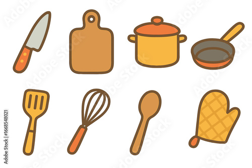 Colorful Cooking Essentials. Flat vector mini-illustrations cooking essentials in colors children's illustrations: knife, cutting