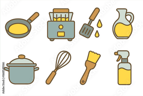 Colorful Cooking Tools. Flat vector mini-illustrations oil-based cooking tools in colors children's illustrations: frying pan with