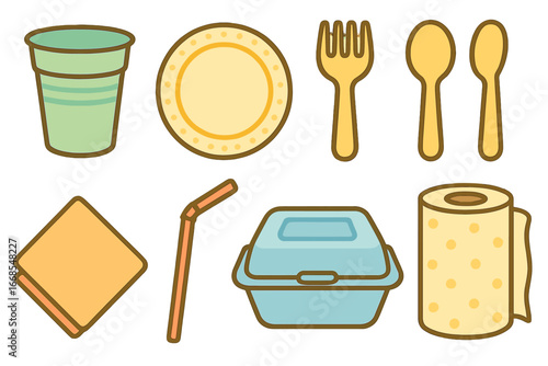 Colorful Disposable Kitchenware. Flat vector mini-illustrations disposable kitchenware in colors children's illustrations: plastic