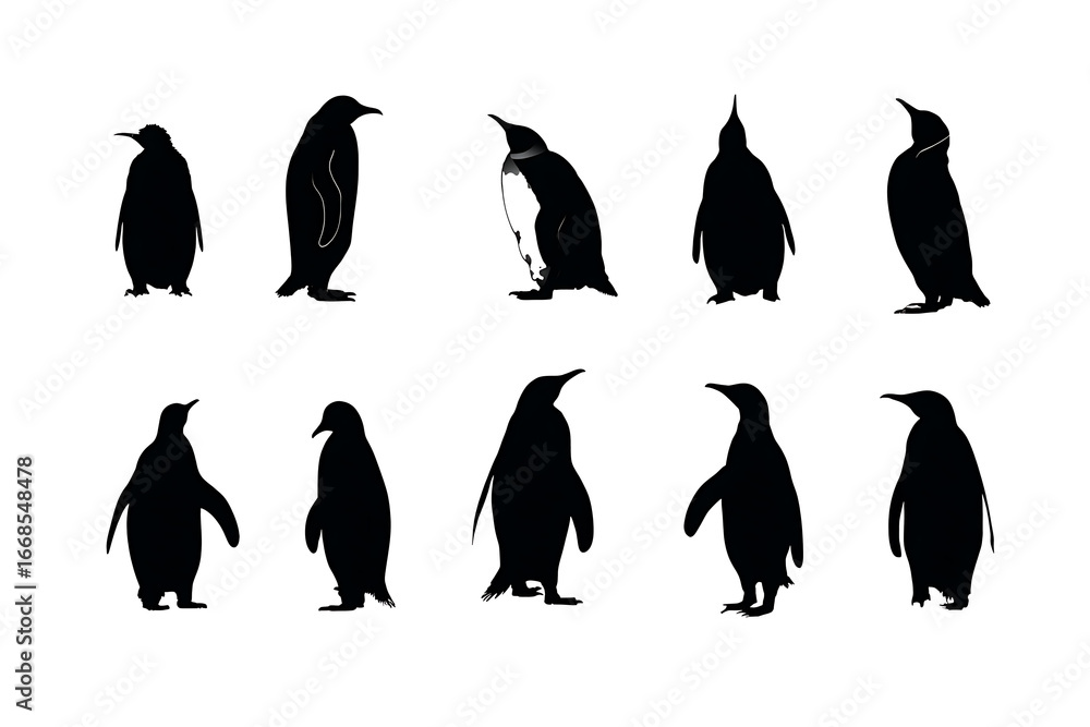 Naklejka premium Silhouettes of Penguins Displaying Various Poses and Angles Against a White Background