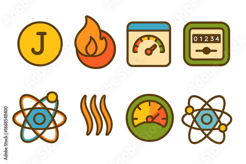 Colorful Energy Icons. Flat vector mini-illustrations energy units in colors children's illustrations: joule symbol, calorie icon,
