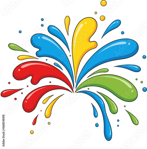 Playful colorful paint splashes vector in red, blue, yellow, and green, cartoon style, symbol of kids creativity and fun.