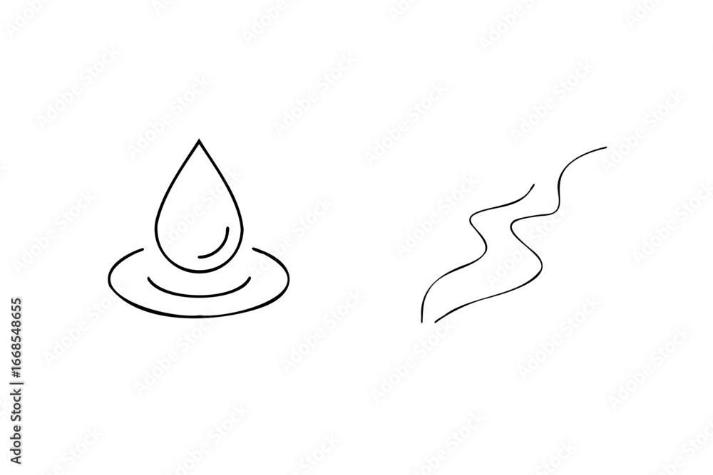 Fototapeta premium Simple line art icons representing water drop and flowing stream for nature and environment