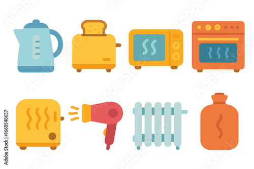 Colorful Heating Appliances. Flat vector mini-illustrations heating appliances in colors children's illustrations: electric kettle