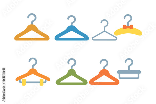 Colorful Hanger Illustrations. Flat vector mini-illustrations hangers in colors children's illustrations: wooden hanger, plastic