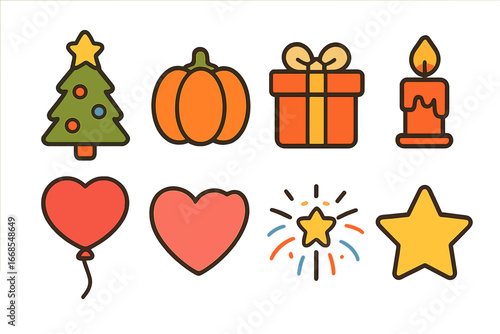 Colorful Holiday Icons. Flat vector mini-illustrations holiday icons in colors children's illustrations: Christmas tree, pumpkin,