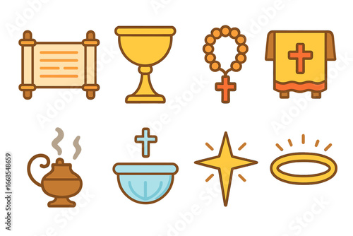 Colorful Holy Artifacts. Flat vector mini-illustrations Holy place artifacts in colors children's illustrations: ancient scroll,