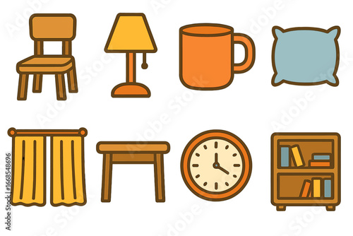 Colorful Home Essentials Icons. Flat vector mini-illustrations cheap home goods in colors children's illustrations: basic chair,
