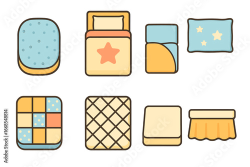 Colorful Kids Bedding Icons. Flat vector mini-illustrations bedding covers in colors children's illustrations: fitted sheet, duvet