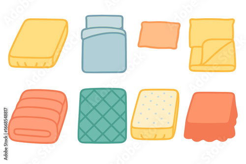 Colorful Kids Bedding Icons. Flat vector mini-illustrations bedding covers in colors children's illustrations: fitted sheet, duvet