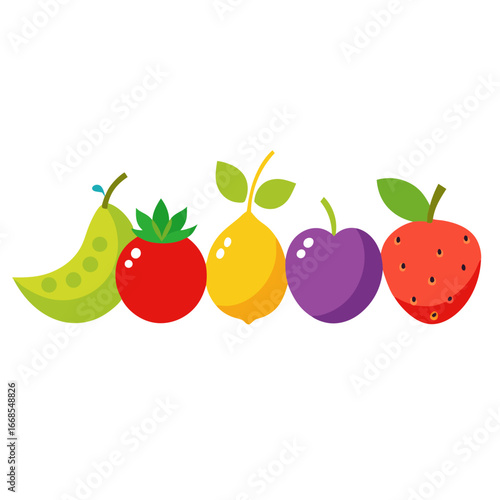 Vibrant and playful illustration of assorted fresh fruits and vegetables, perfect for healthy eating, food blogs, and recipe design with a cheerful, colorful appeal