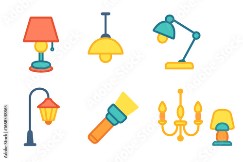 Colorful Lamp Icons. Flat vector mini-illustrations bulb usage in colors children's illustrations: table lamp, ceiling light, desk