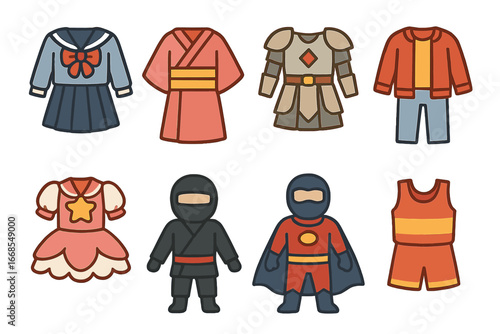 Colorful Manga Outfits. Flat vector mini-illustrations manga outfits in colors children's illustrations: school uniform, kimono,