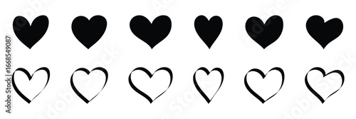Doodle heart, open Heart icon in black and white filled and outline vector, Heart silhouette, love sign illustration