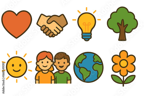 Colorful Moral Icons. Flat vector mini-illustrations moral stories in colors children's illustrations: heart, handshake, light