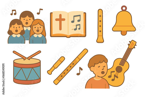 Colorful Musical Icons. Flat vector mini-illustrations religious music in colors children's illustrations: choir, hymn book, drum,