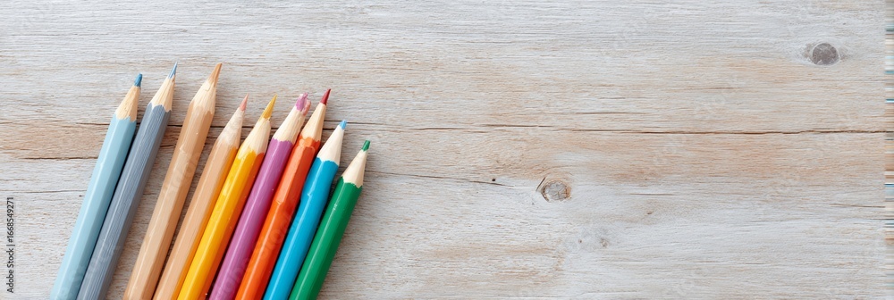 Obraz premium Row of pencils on a wooden surface.