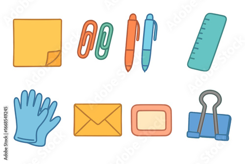 Colorful Office Supplies. Flat vector mini-illustrations disposable office supplies in colors children's illustrations: sticky