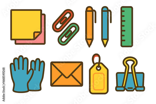 Colorful Office Supplies. Flat vector mini-illustrations disposable office supplies in colors children's illustrations: sticky