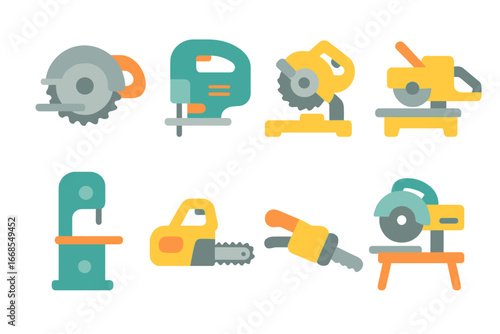Colorful Power Saw Icons. Flat vector mini-illustrations power saws in colors children's illustrations: circular saw, jigsaw,