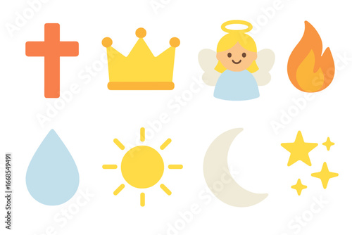 Colorful Psalm Symbols. Flat vector mini-illustrations psalm symbols in colors children's illustrations: cross, crown, angel,