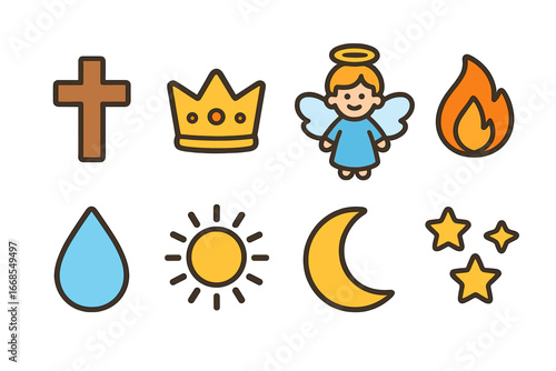 Colorful Psalm Symbols. Flat vector mini-illustrations psalm symbols in colors children's illustrations: cross, crown, angel,