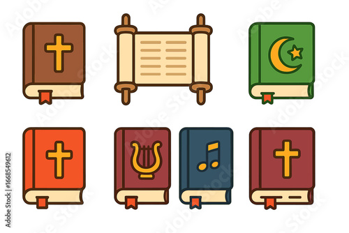 Colorful Religious Texts Icons. Flat vector mini-illustrations Religious texts in colors children's illustrations: Bible, Torah