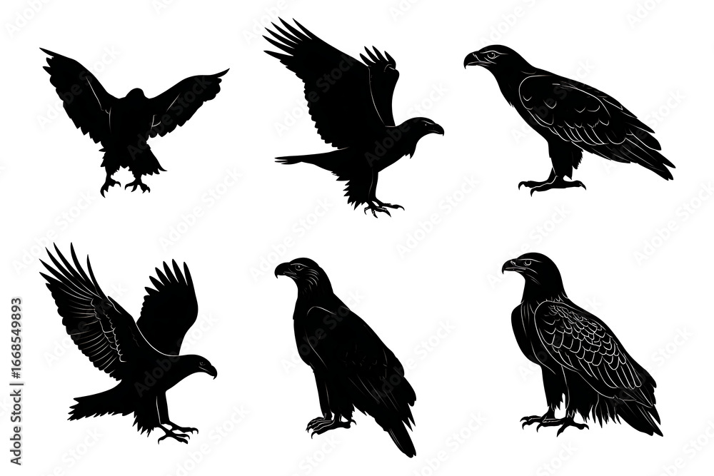 Fototapeta premium Silhouettes of various birds of prey in different poses against a plain background