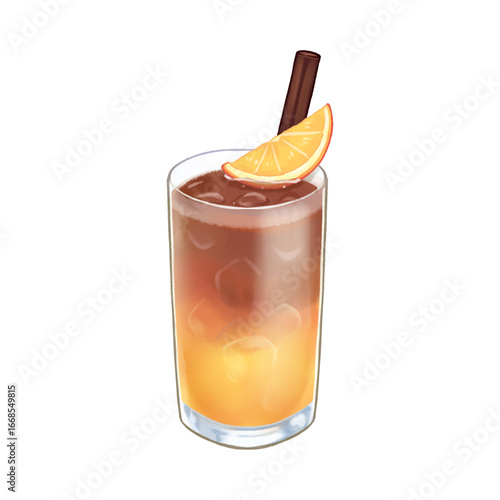 An illustration of a layered iced coffee and orange juice drink, garnished with an orange slice and a cinnamon stick.