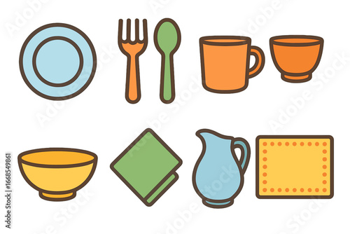 Colorful Tableware Icons. Flat vector mini-illustrations clean tableware in colors children's illustrations: plate, fork, spoon,