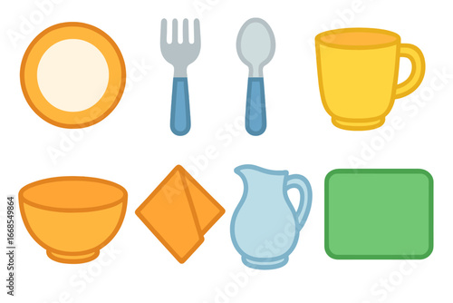 Colorful Tableware Icons. Flat vector mini-illustrations clean tableware in colors children's illustrations: plate, fork, spoon,
